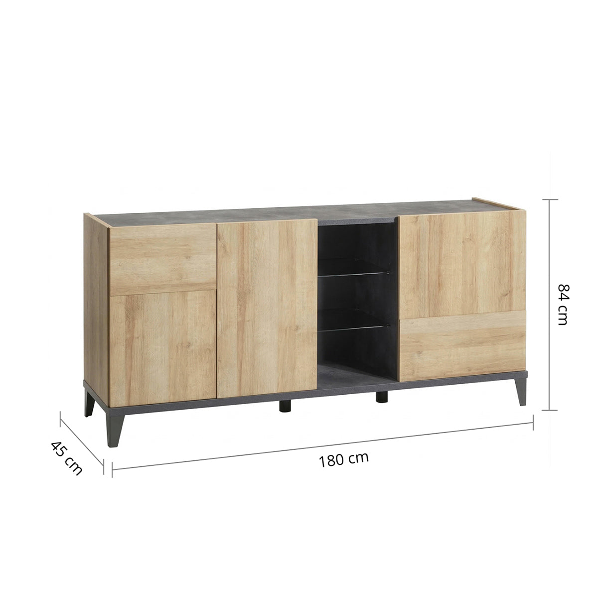 Mobile basso 180x84h cm rovere e grigio antracite con 3 ante e 1 vano
