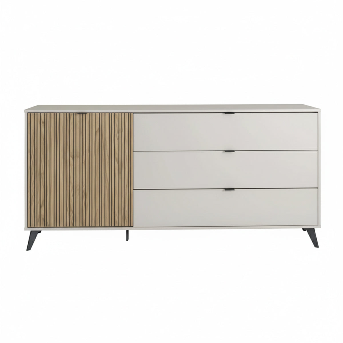 Credenza 183x83h cm cashmere/rovere cannettato con 1 anta e 3 cassetti