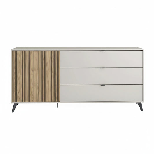 Credenza 183x83h cm cashmere/rovere cannettato con 1 anta e 3 cassetti