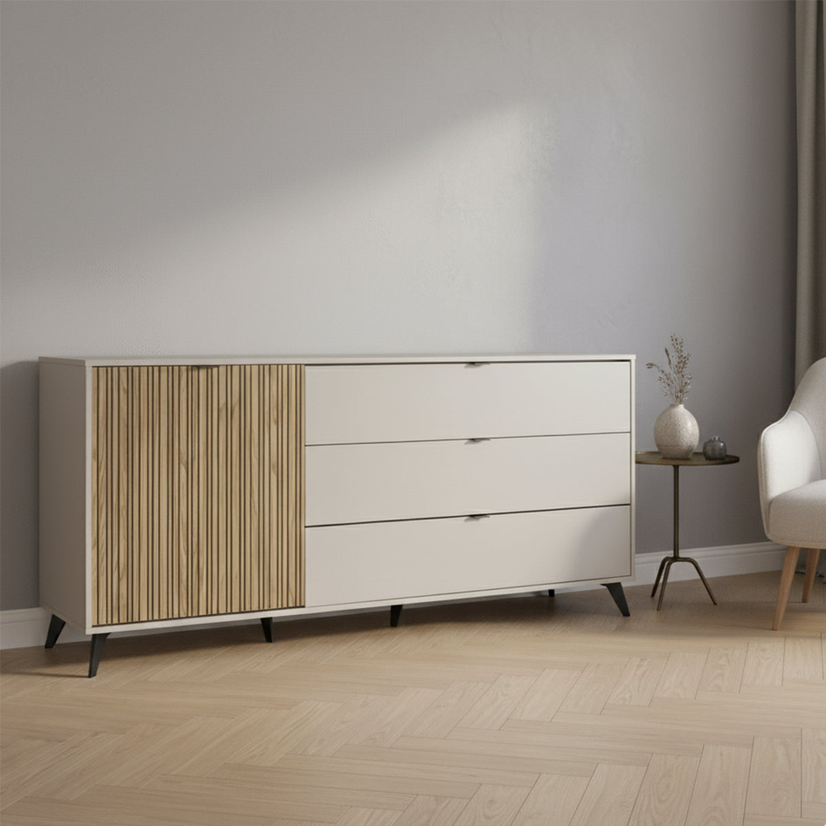 Credenza 183x83h cm cashmere/rovere cannettato con 1 anta e 3 cassetti