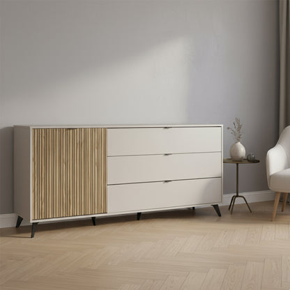 Credenza 183x83h cm cashmere/rovere cannettato con 1 anta e 3 cassetti