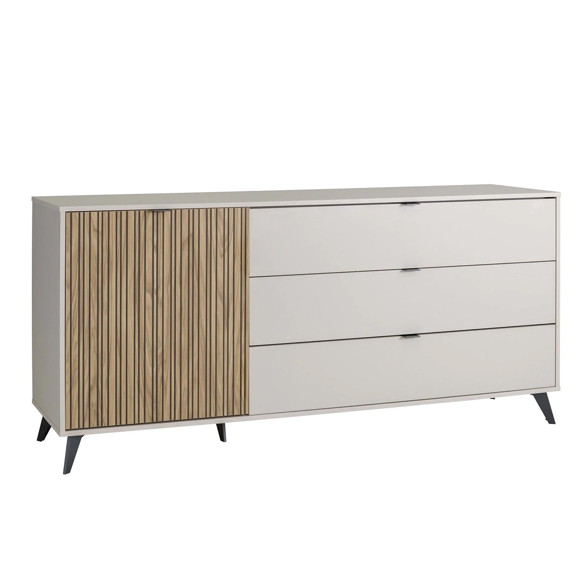 Credenza 183x83h cm cashmere/rovere cannettato con 1 anta e 3 cassetti
