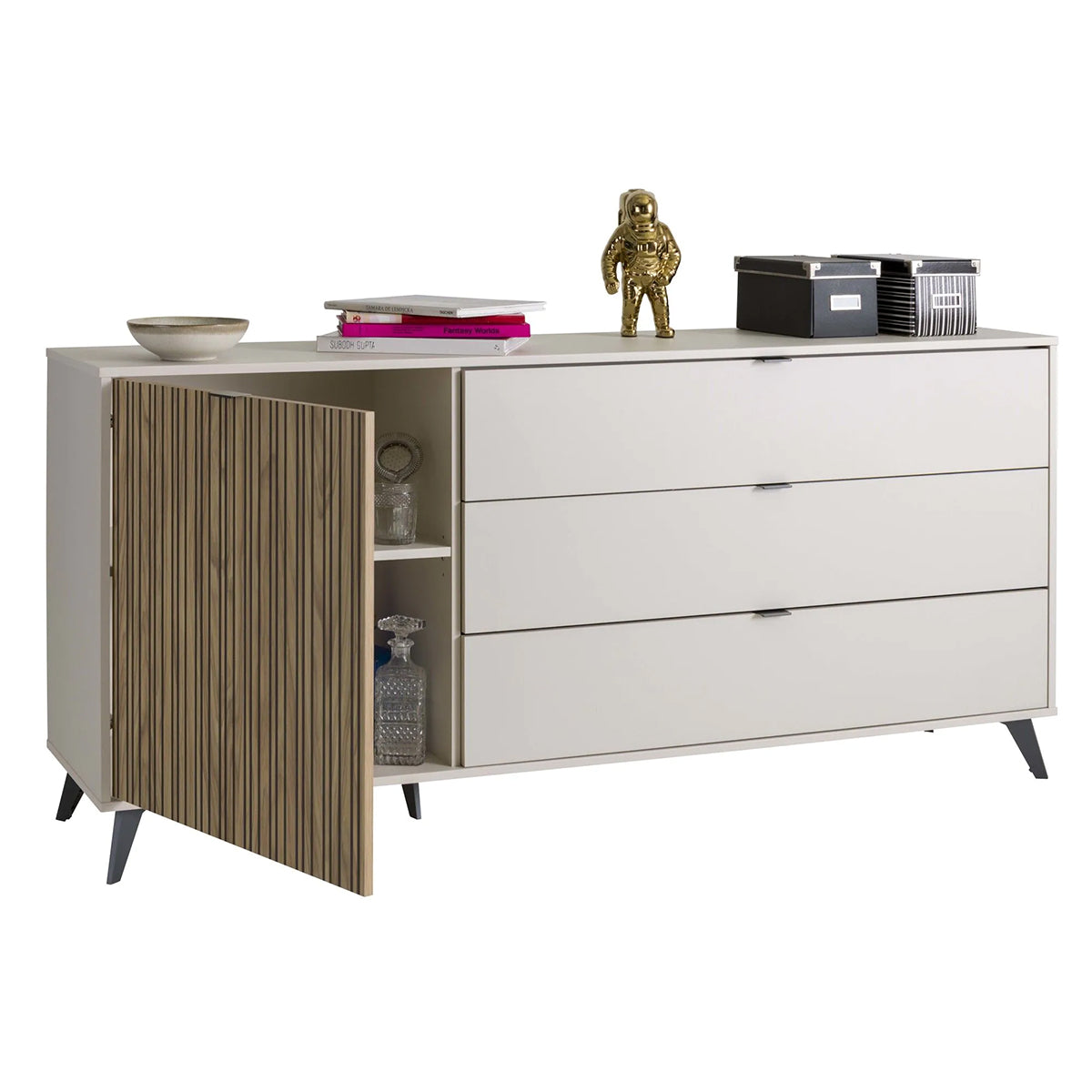 Credenza 183x83h cm cashmere/rovere cannettato con 1 anta e 3 cassetti