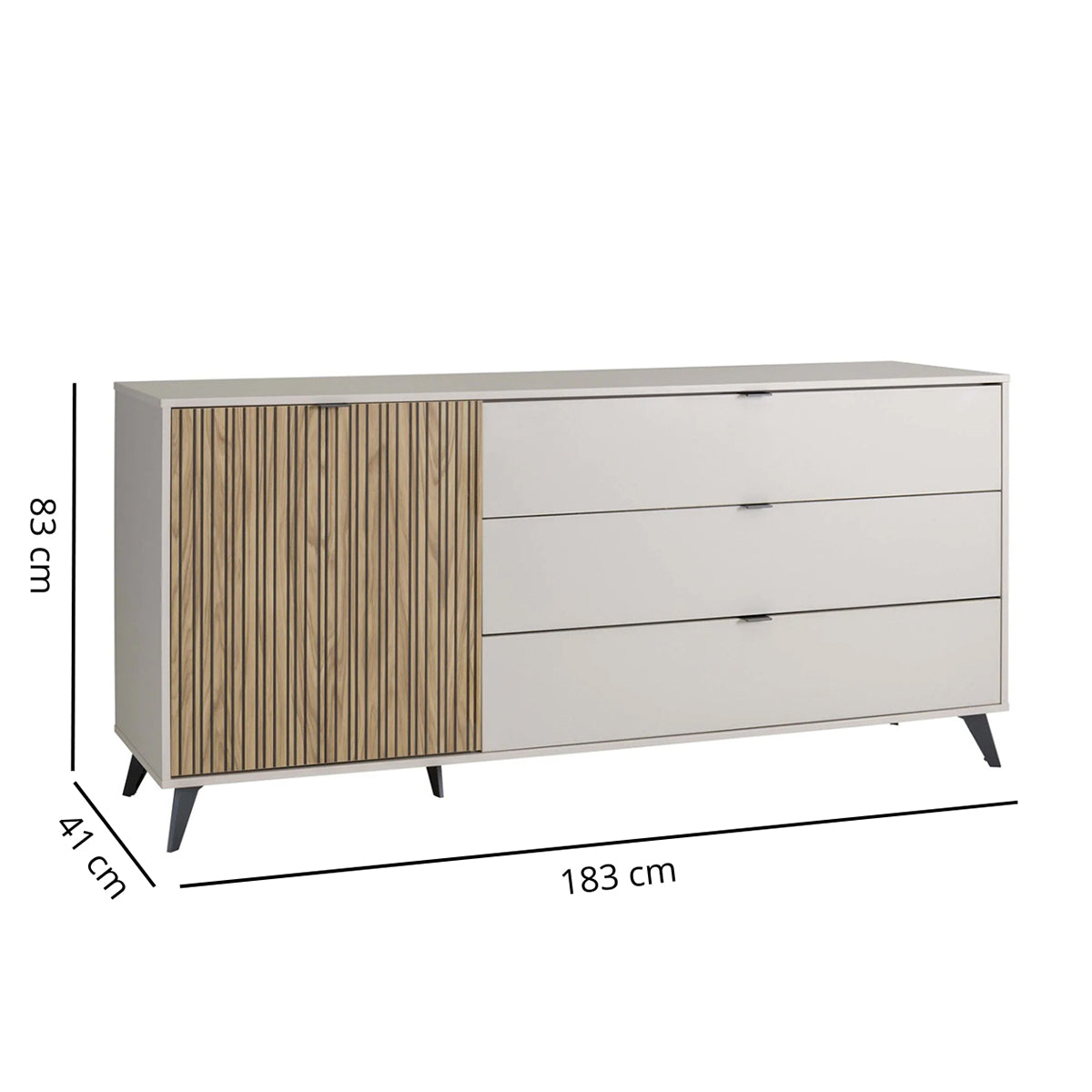 Credenza 183x83h cm cashmere/rovere cannettato con 1 anta e 3 cassetti