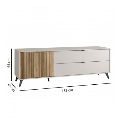 Mobile porta tv 183x64h cm cashmere/rovere cannettato con 1 anta e 2 cassetti