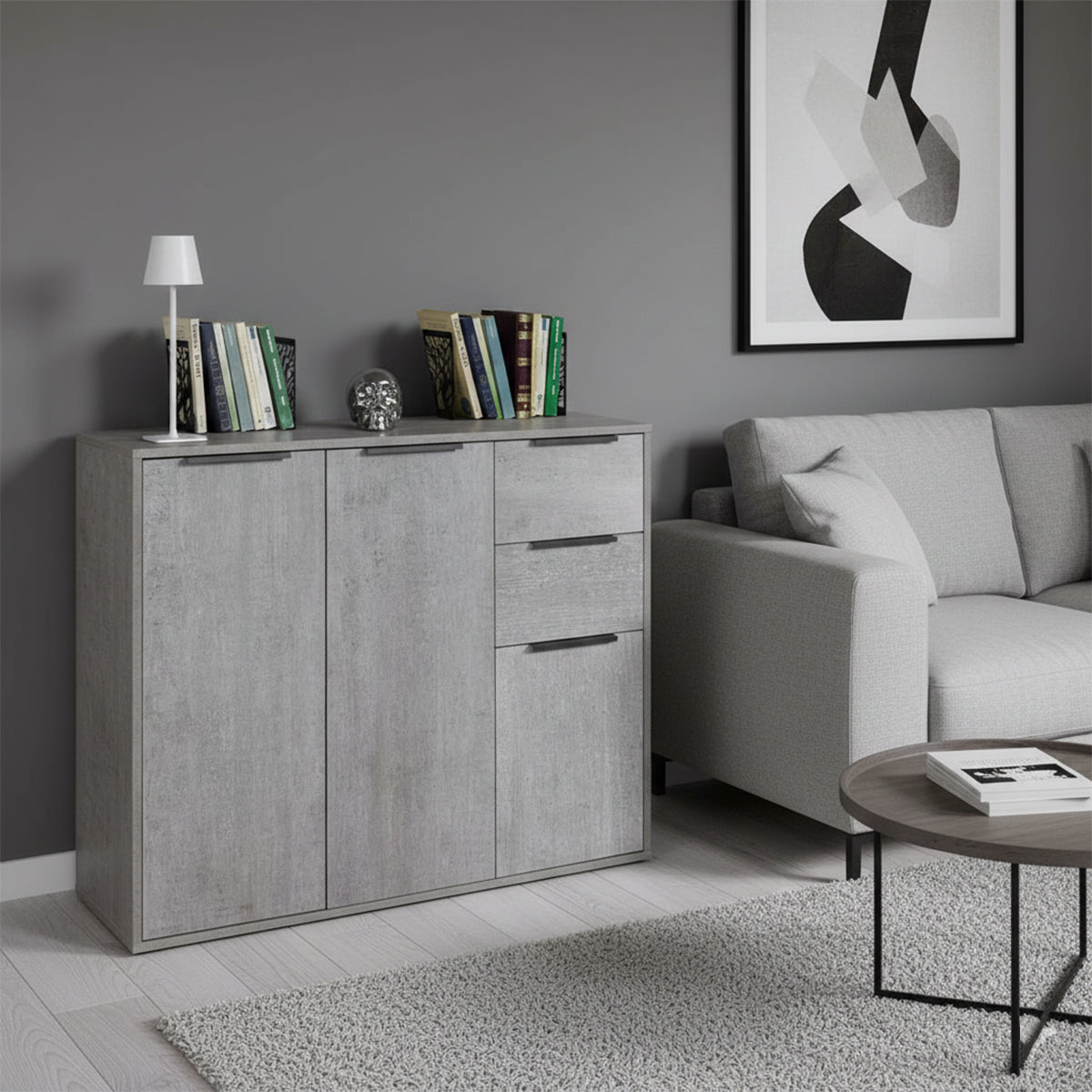 Mobile multiuso 106x87h cm cemento con 3 ante e 2 cassetti