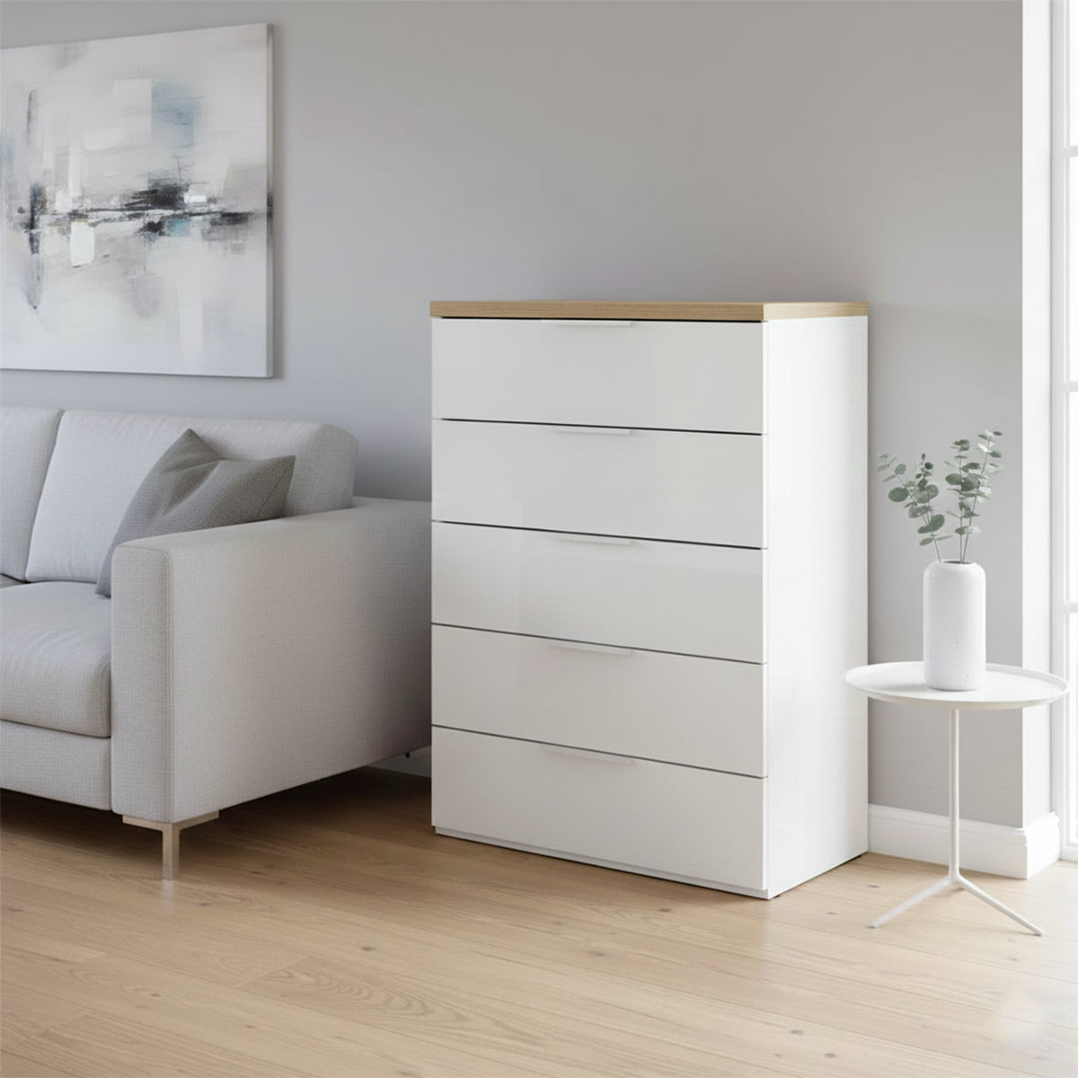 Cassettiera 69x102h cm bianco laccato e rovere con 5 cassetti