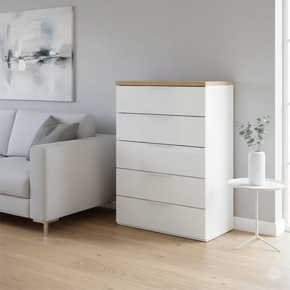 Cassettiera 69x102h cm bianco laccato e rovere con 5 cassetti