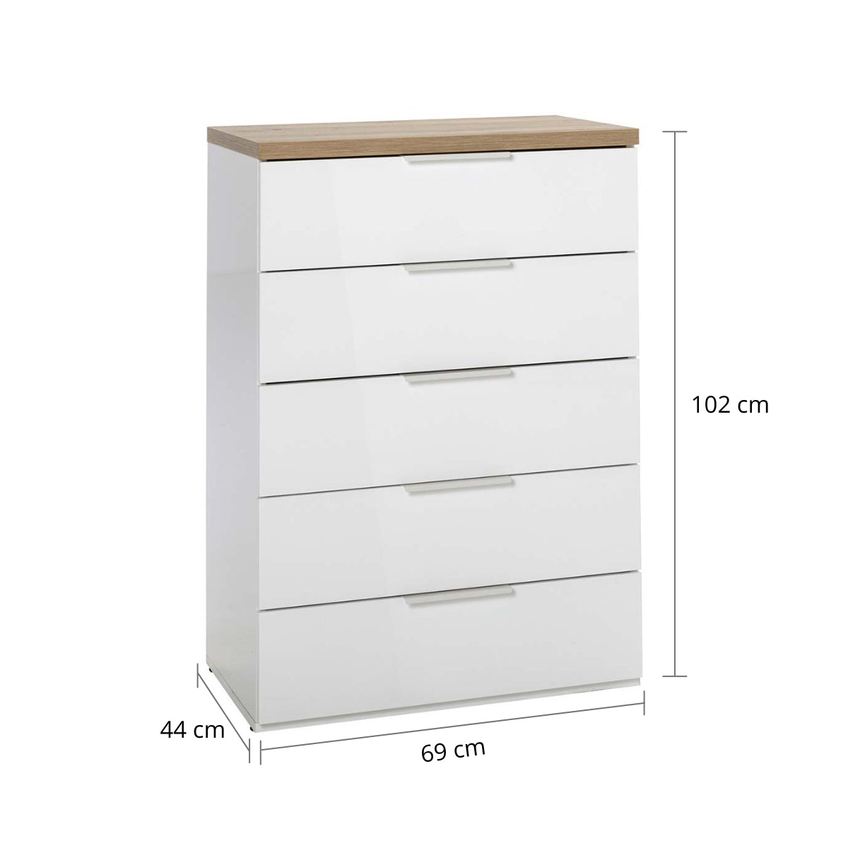 Cassettiera 69x102h cm bianco laccato e rovere con 5 cassetti