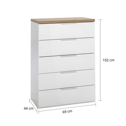 Cassettiera 69x102h cm bianco laccato e rovere con 5 cassetti