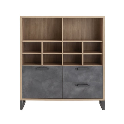 Libreria bassa 132x147h cm rovere e grigio con 1 anta 2 cassetti e 10 vani
