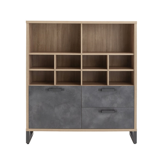 Libreria bassa 132x147h cm rovere e grigio con 1 anta 2 cassetti e 10 vani
