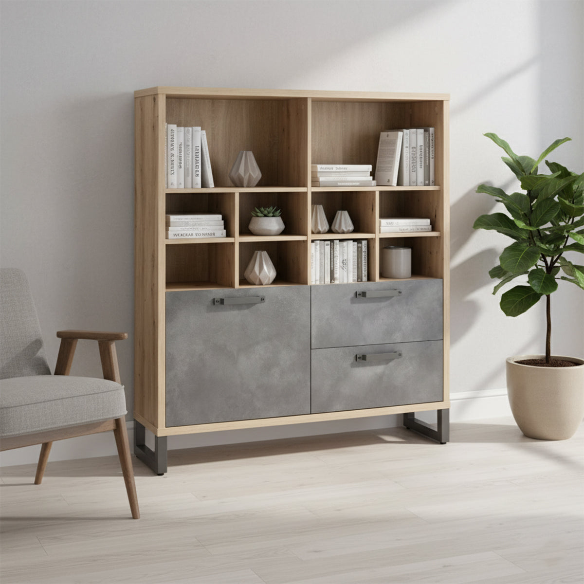 Libreria bassa 132x147h cm rovere e grigio con 1 anta 2 cassetti e 10 vani