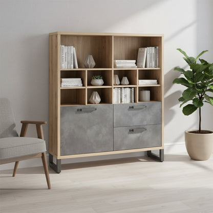 Libreria bassa 132x147h cm rovere e grigio con 1 anta 2 cassetti e 10 vani