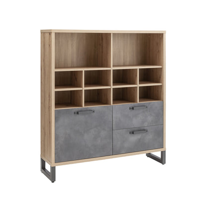 Libreria bassa 132x147h cm rovere e grigio con 1 anta 2 cassetti e 10 vani