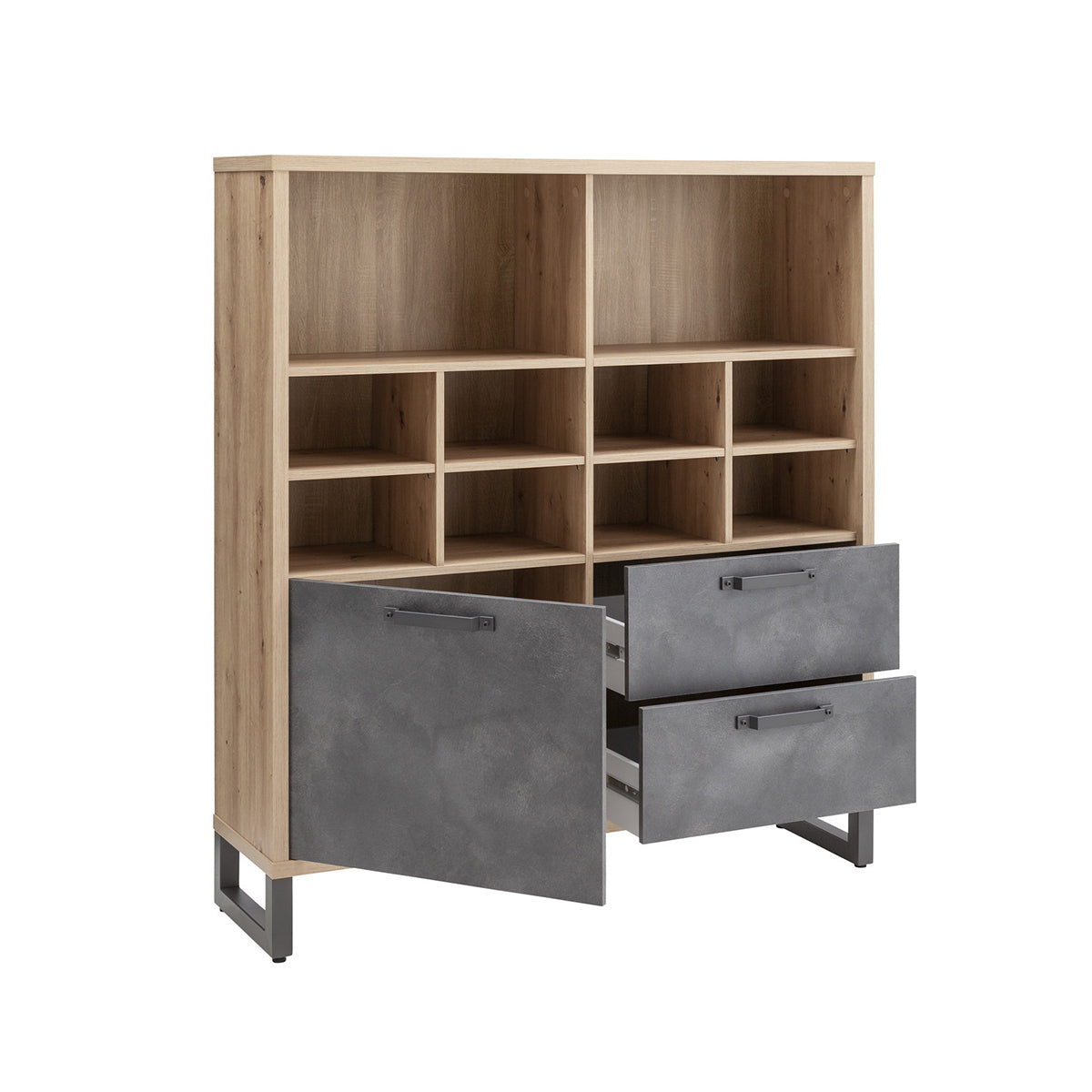 Libreria bassa 132x147h cm rovere e grigio con 1 anta 2 cassetti e 10 vani