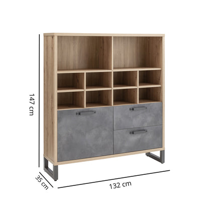 Libreria bassa 132x147h cm rovere e grigio con 1 anta 2 cassetti e 10 vani