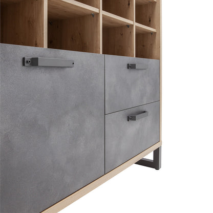 Libreria bassa 132x147h cm rovere e grigio con 1 anta 2 cassetti e 10 vani