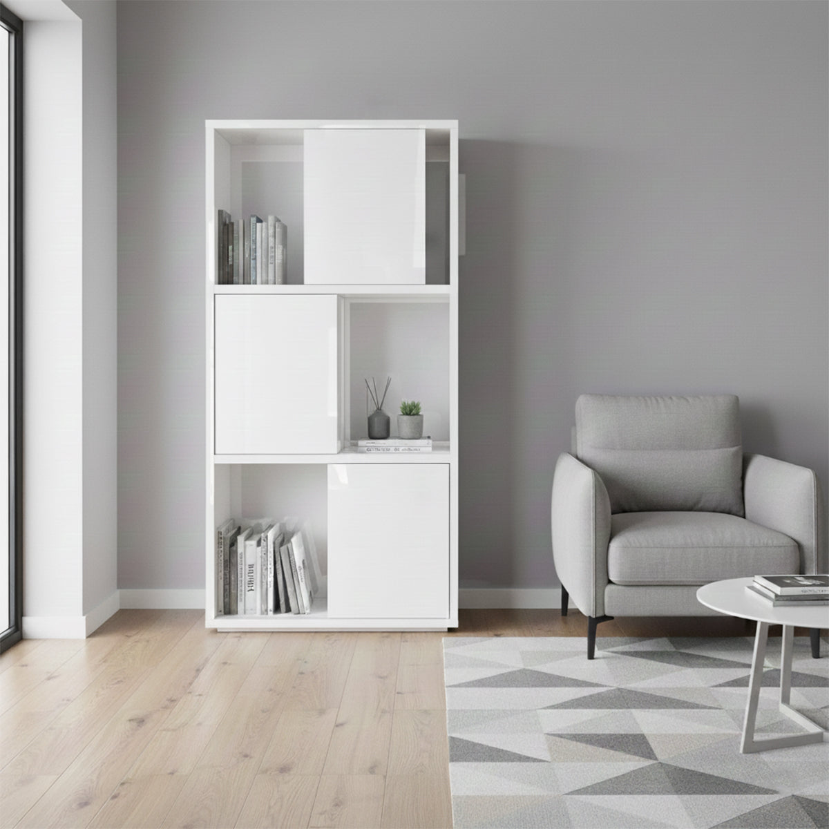 Libreria 90x187h cm bianco laccato con 3 ante scorrevoli e 6 vani