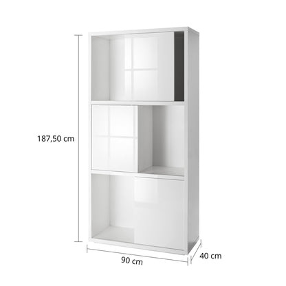 Libreria 90x187h cm bianco laccato con 3 ante scorrevoli e 6 vani