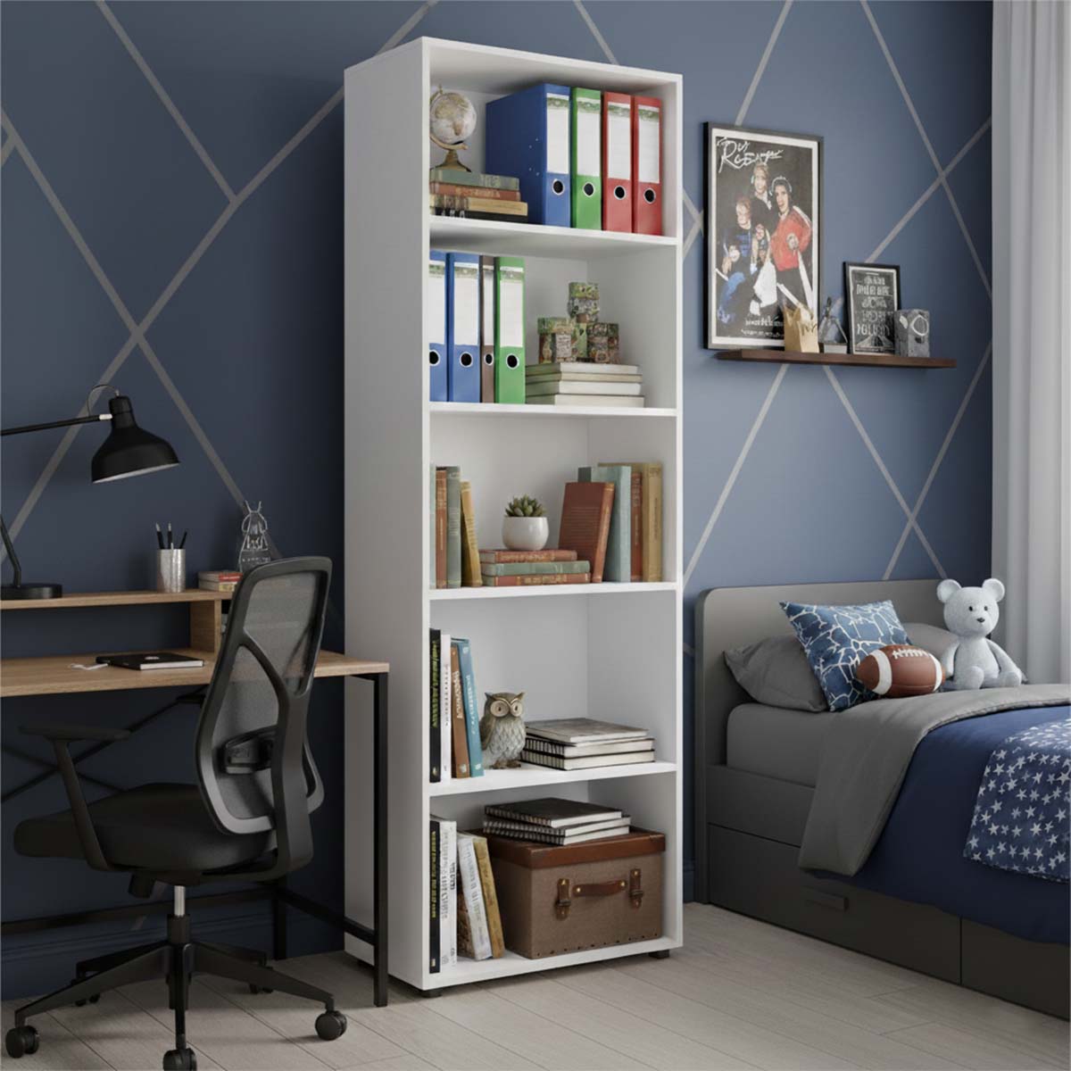 Libreria salvaspazio 68x200h cm bianco opaco con 4 ripiani regolabili