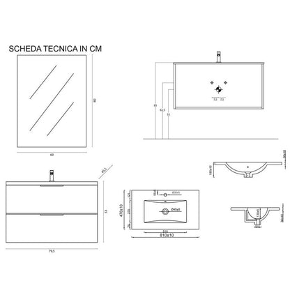 Mobile bagno sospeso 80 cm Rialto 2 cassetti con specchio