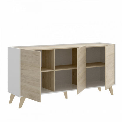 Credenza Ness 3 ante e 3 ripiani rovere naturale e bianco 75x155x43 cm