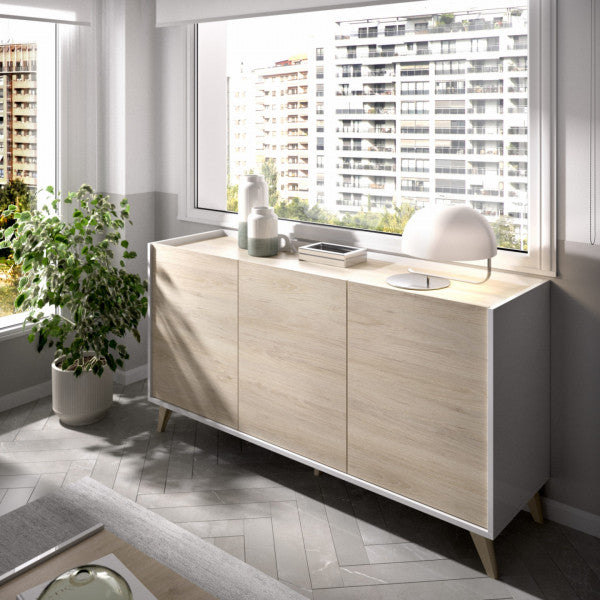 Credenza Ness 3 ante e 3 ripiani rovere naturale e bianco 75x155x43 cm