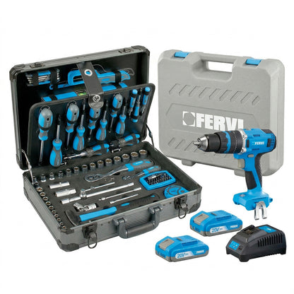 Fervi Kit Trapano a percussione 20V con Trolley portautensili 135 pezzi