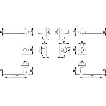 Maniglia Hoppe Dublin rosetta e bocchetta quadre 44x44 mm cromo satinato con nottolino