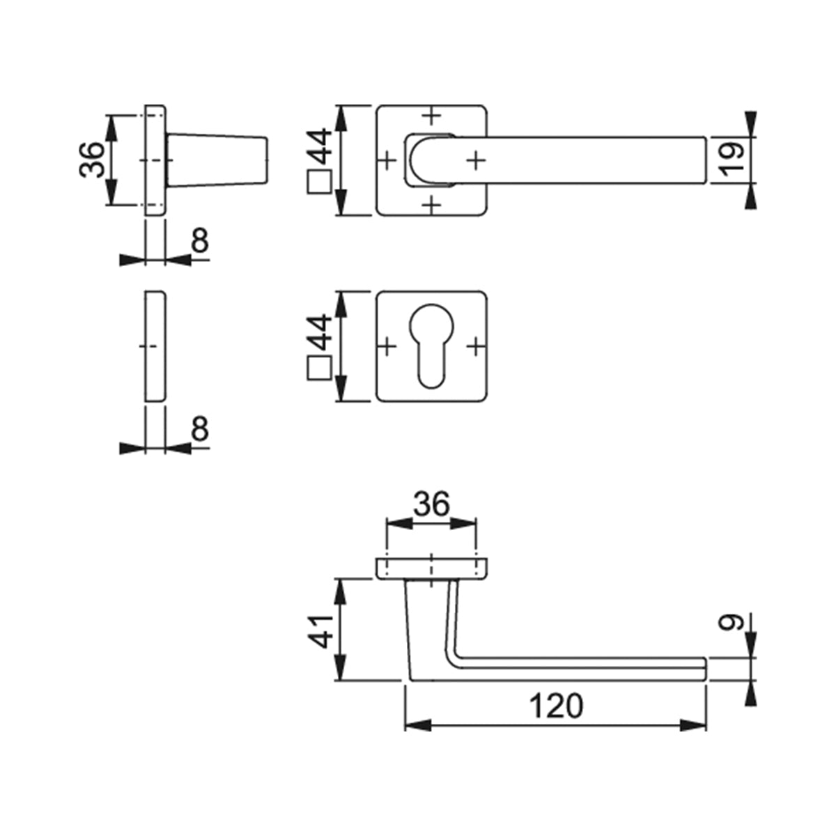 Maniglia Hoppe Brindisi rosetta e bocchetta quadre 44x44mm foro cilindro