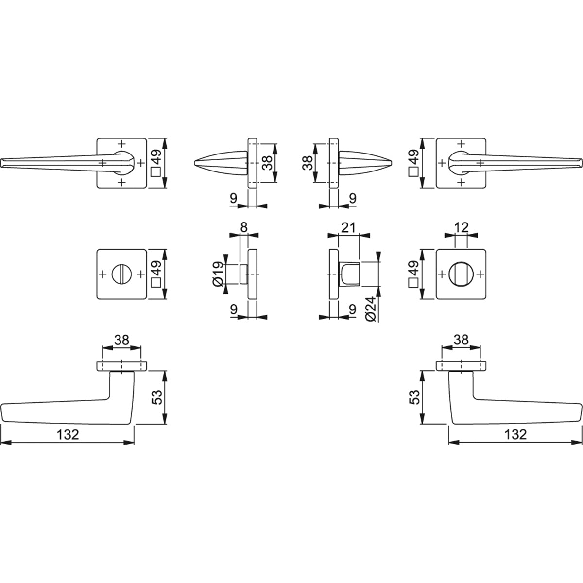 Maniglia Hoppe Macau rosetta e bocchetta quadre 49x49 mm cromo satinato con nottolino
