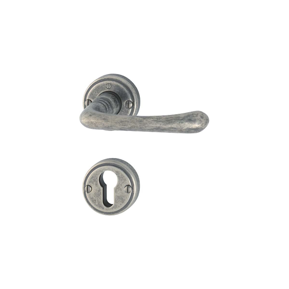 Maniglia Hoppe Lisboa rosetta e bocchetta tonde d. 52 mm foro cilindro argento antiqua