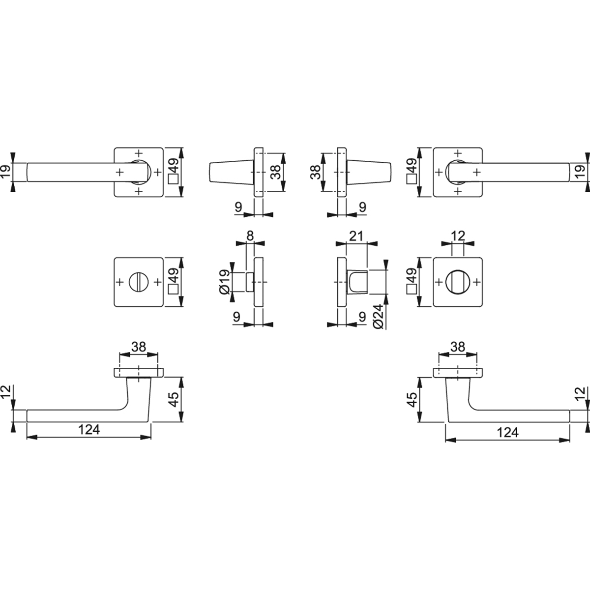 Maniglia Hoppe Dallas rosetta e bocchetta quadre 49x49 mm cromo satinato con nottolino
