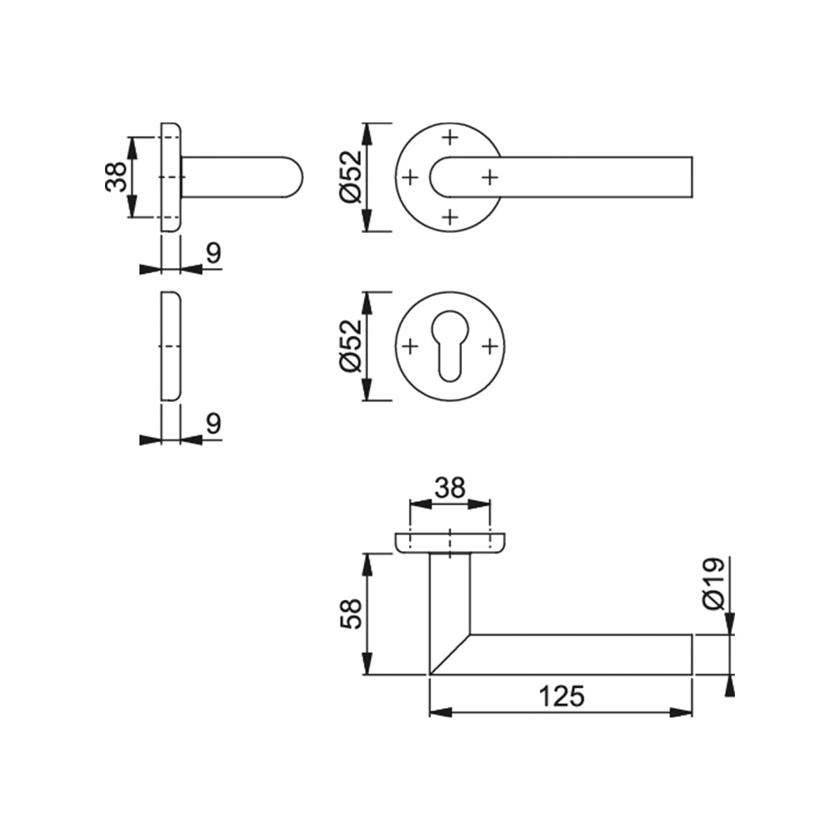 Maniglia Hoppe Utrecht rosetta e bocchetta tonde d. 52 mm foro cilindro acciaio satinato