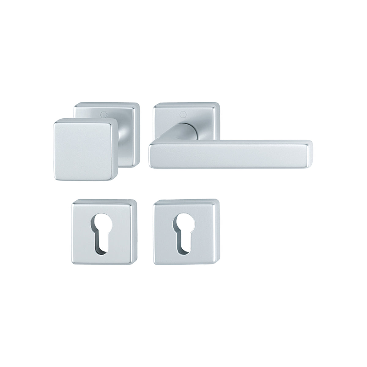 Maniglia e pomolo Hoppe Dallas rosetta e bocchetta quadre 52x52 mm foro cilindro argento