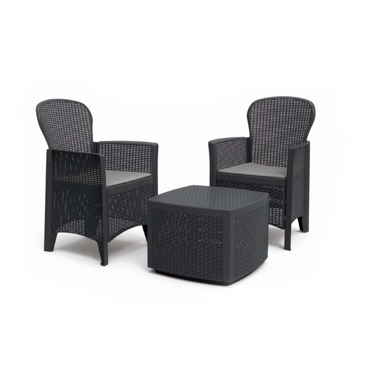 Set da esterno Tree effetto rattan 1 tavolo e 2 poltrone con cuscini