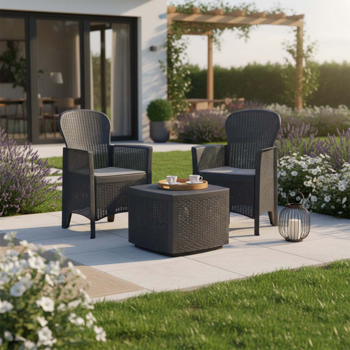 Set da esterno Tree effetto rattan 1 tavolo e 2 poltrone con cuscini