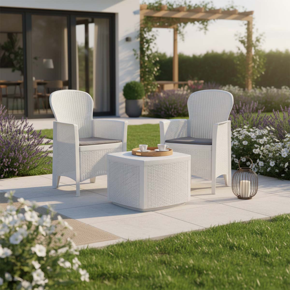 Set da esterno Tree effetto rattan 1 tavolo e 2 poltrone con cuscini