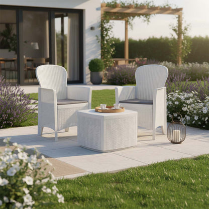 Set da esterno Tree effetto rattan 1 tavolo e 2 poltrone con cuscini
