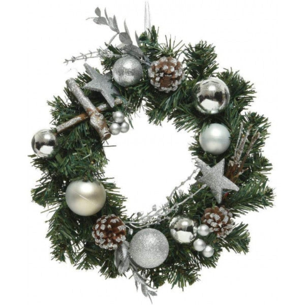 Ghirlanda natalizia fuoriporta con palline pigne e stelle diametro 30 cm