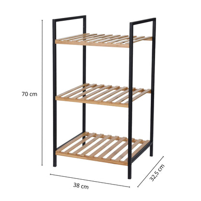 Scaffale 3 ripiani in legno bambù e metallo nero 38x32x70 cm