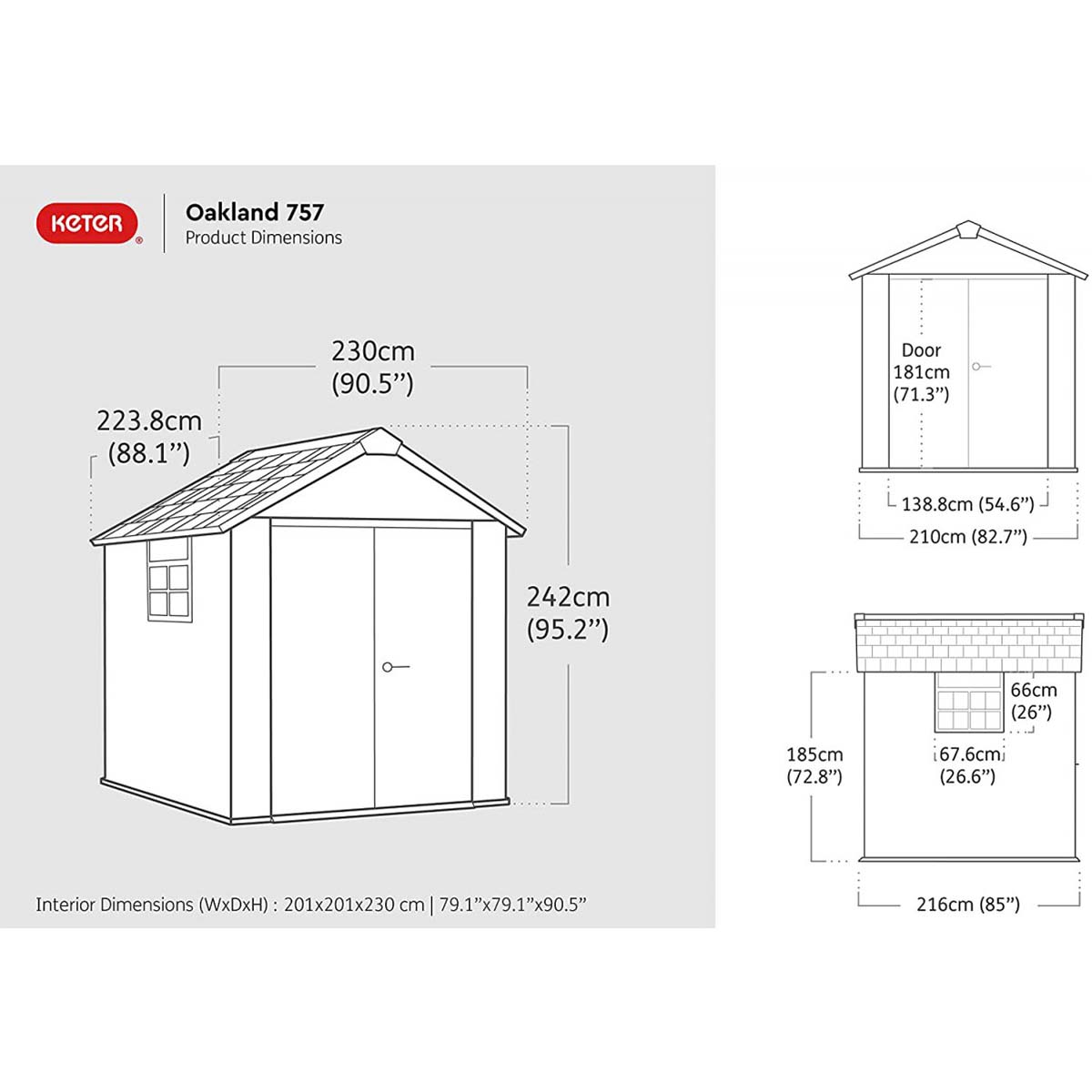 Keter casetta da giardino in resina 230x350x242H cm Oakland 7511 grigio con lucernario e due finestre laterali