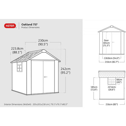 Keter casetta da giardino in resina 230x350x242H cm Oakland 7511 grigio con lucernario e due finestre laterali