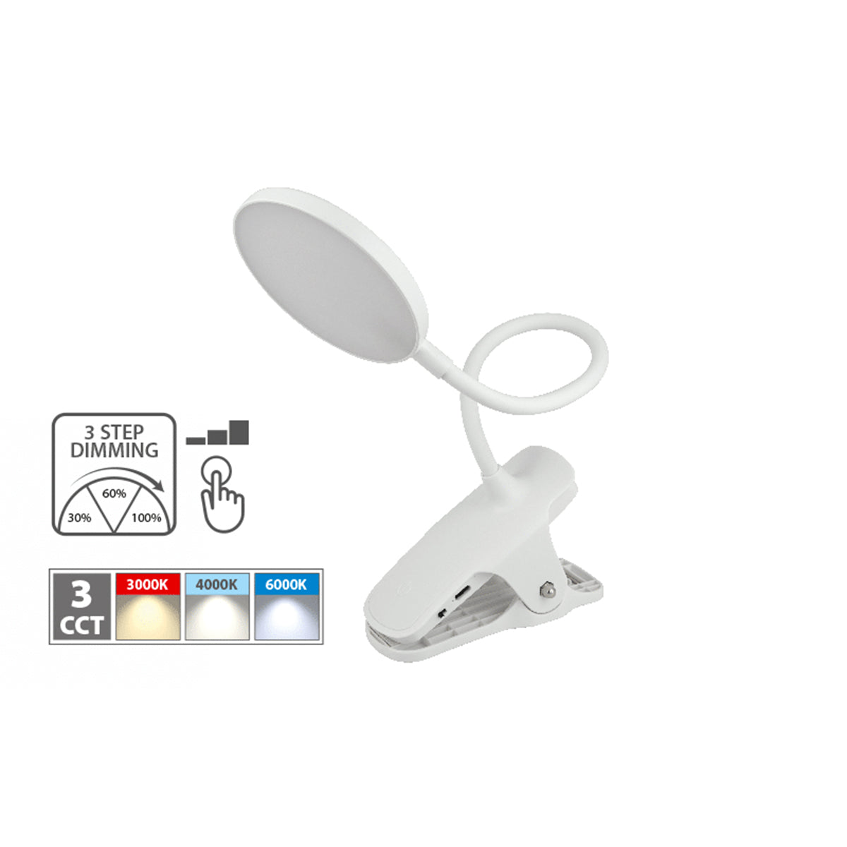 Lampada da tavolo LED con clip ricaricabile flessibile bianca 3 CCT IP44