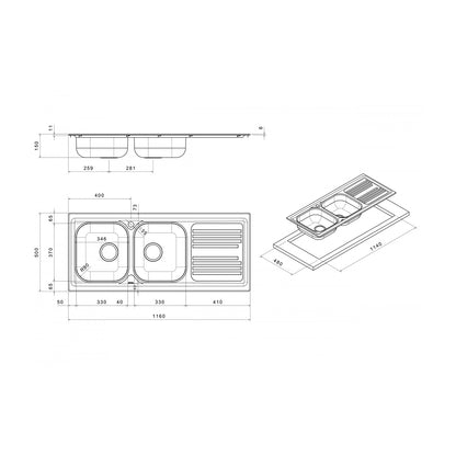 Lavello 2 vasche con gocciolatoio Apell Atmosfera 116x50 cm inox