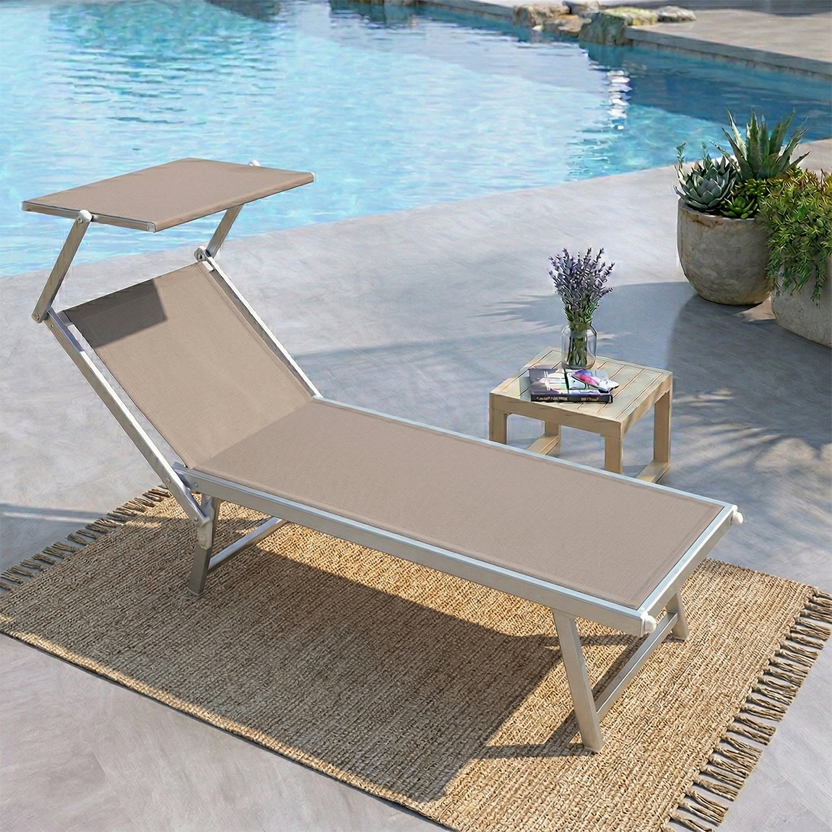 Lettino mare pieghevole in alluminio con parasole beige 189x61x38 cm