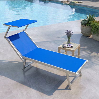 Lettino mare pieghevole in alluminio con parasole blu 189x61x38 cm