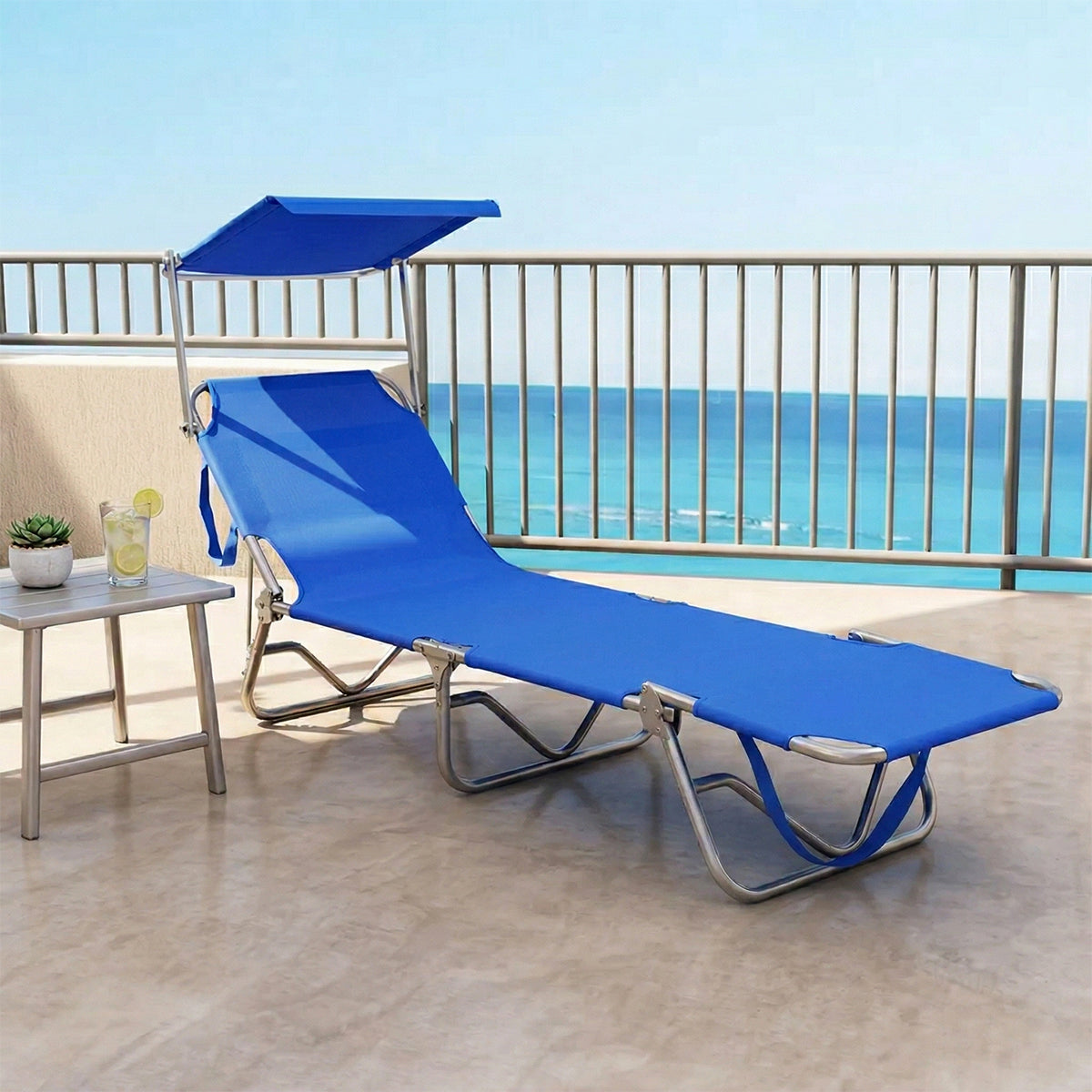 Lettino prendisole da mare pieghevole in alluminio con parasole blu 190x58x25 cm