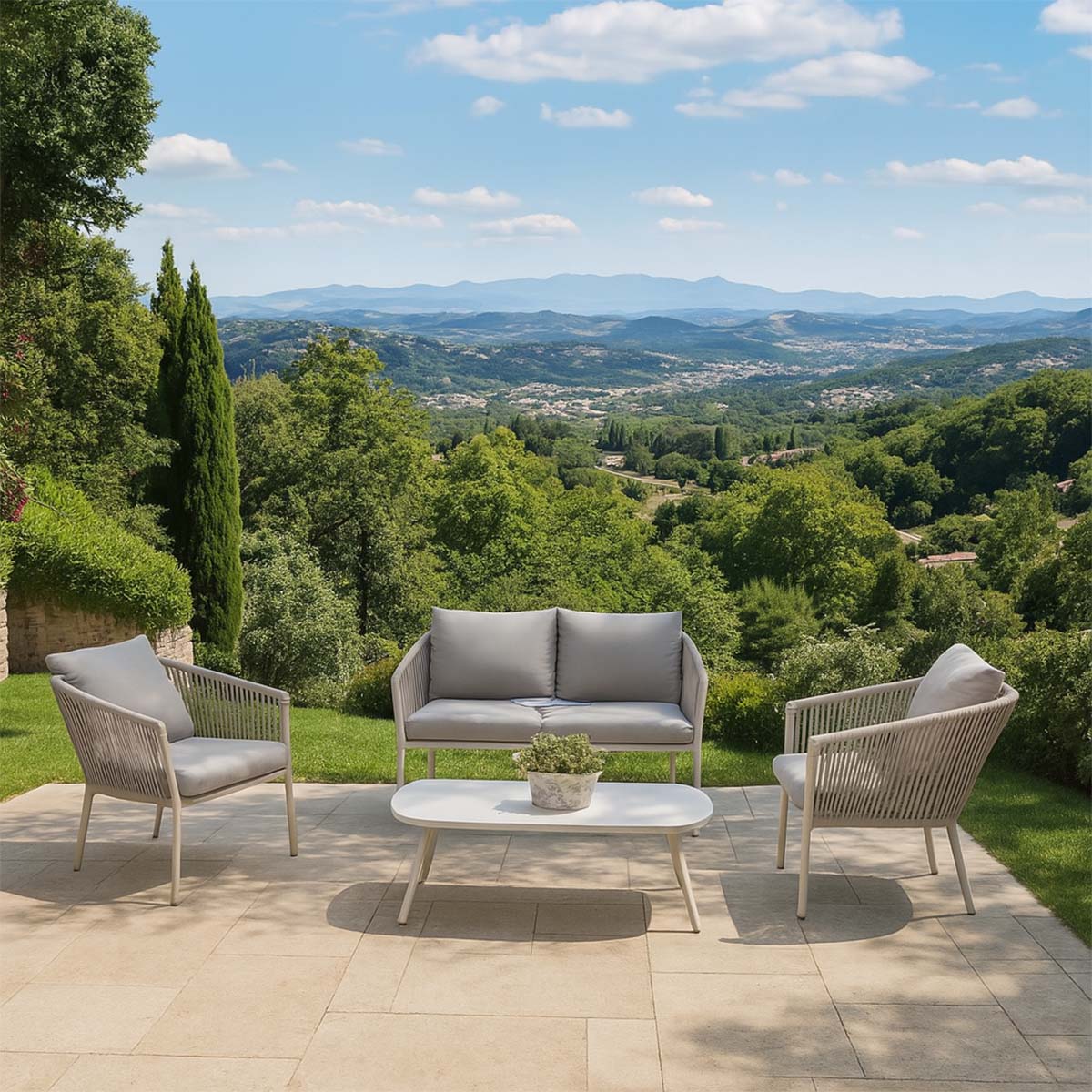 Set da giardino in alluminio e corda con divano poltrone e tavolino